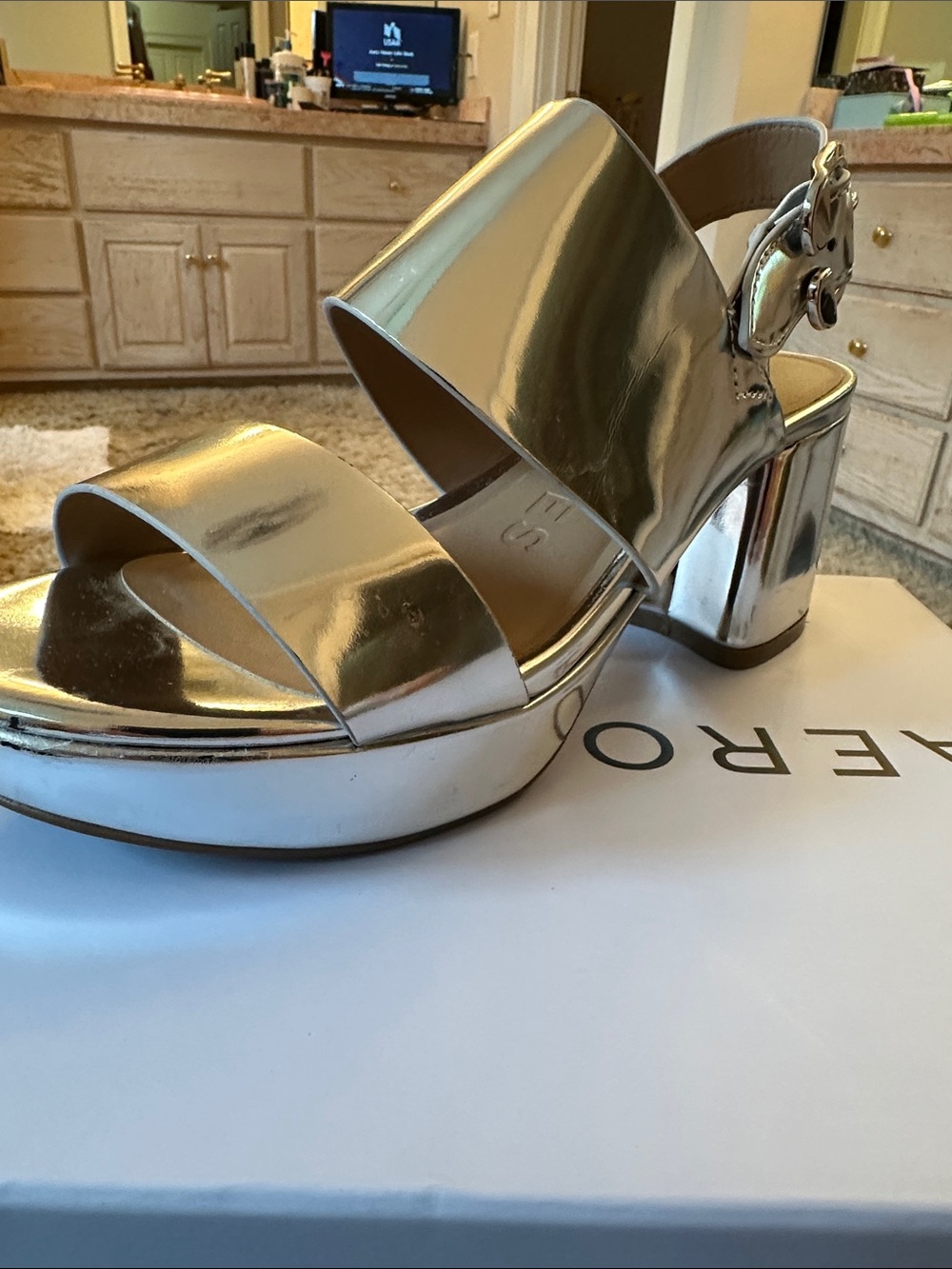 AEROSOLES Metallic Silver Platform Sandal with Block Heel